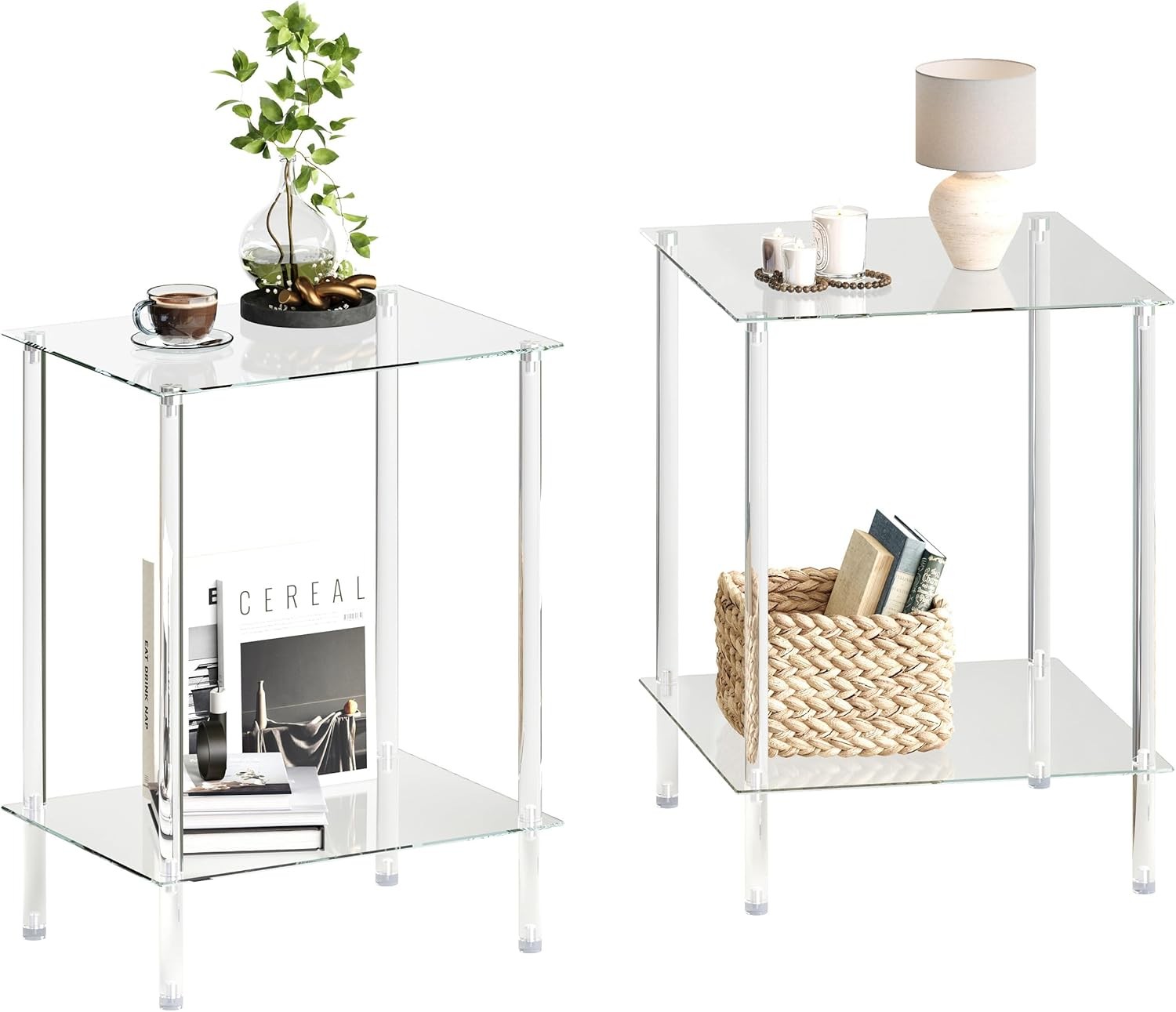 Tempered Glass Side Tables Set of 2 Acrylic End Table with 2 Stora