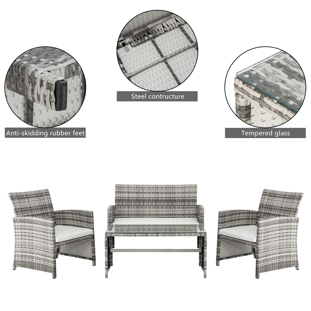 4Pcs Rattan Wicker Patio Sofa Kit Furniture Loveseat +2Chairs+Glass Coffee Table