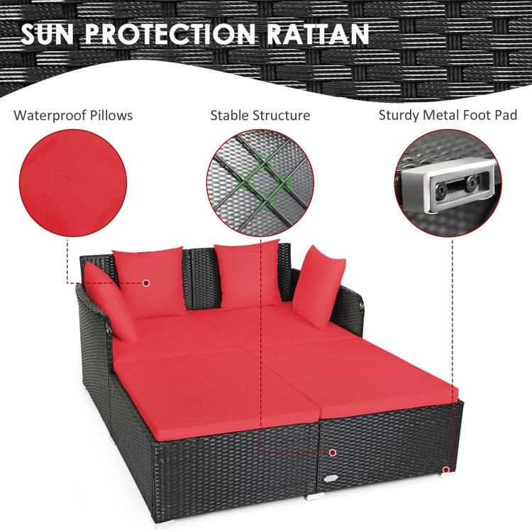 Spacious Rattan Daybed with Upholstered Cushion & 4 Pillows