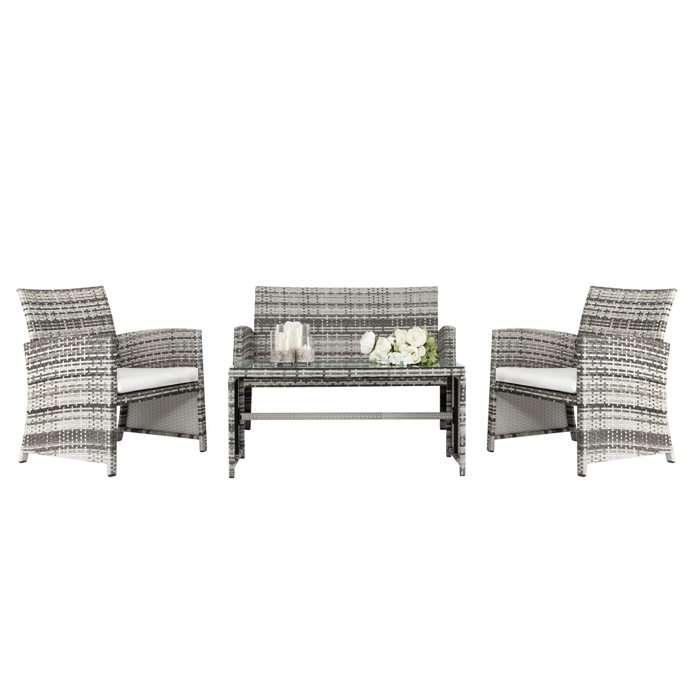 4Pcs Rattan Wicker Patio Sofa Kit Furniture Loveseat +2Chairs+Glass Coffee Table