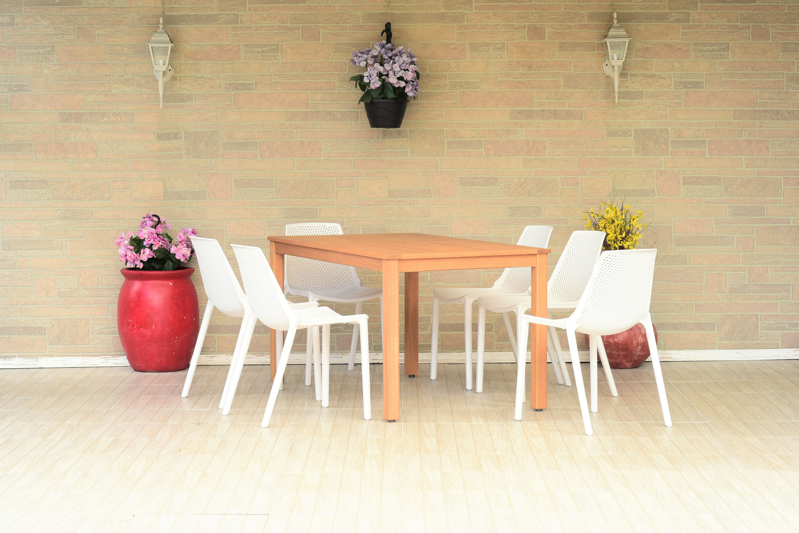 Amazonia Neuvy 7-Piece Outdoor Dining Set | Teak Finish | White Chairs