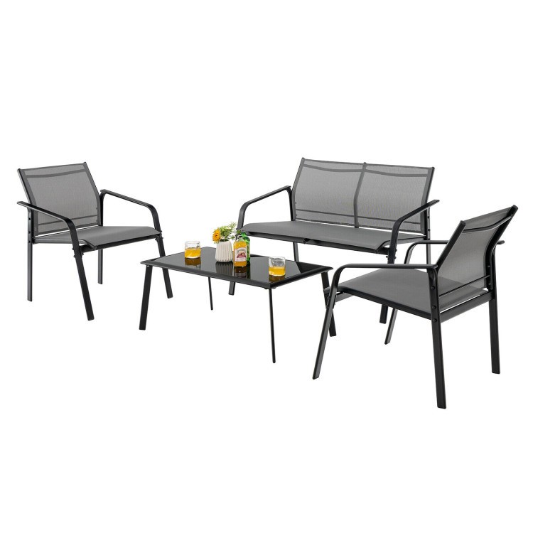 Breathable Mesh 4pc Patio Set: Loveseat + 2 Armchairs + 35.5in Glass Table