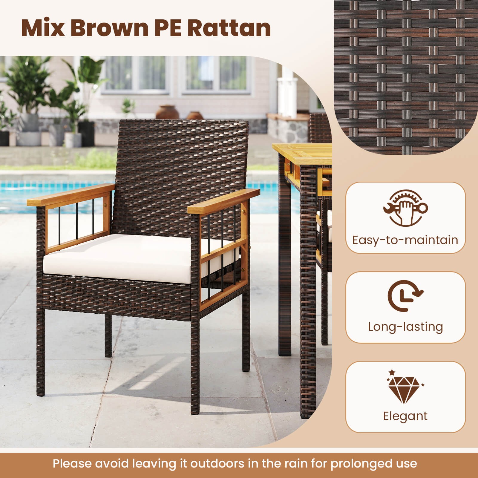 6PCS Acacia Wood Table Backless Bench 4 Armchairs w/1.97” Umbrella Hole Cushion