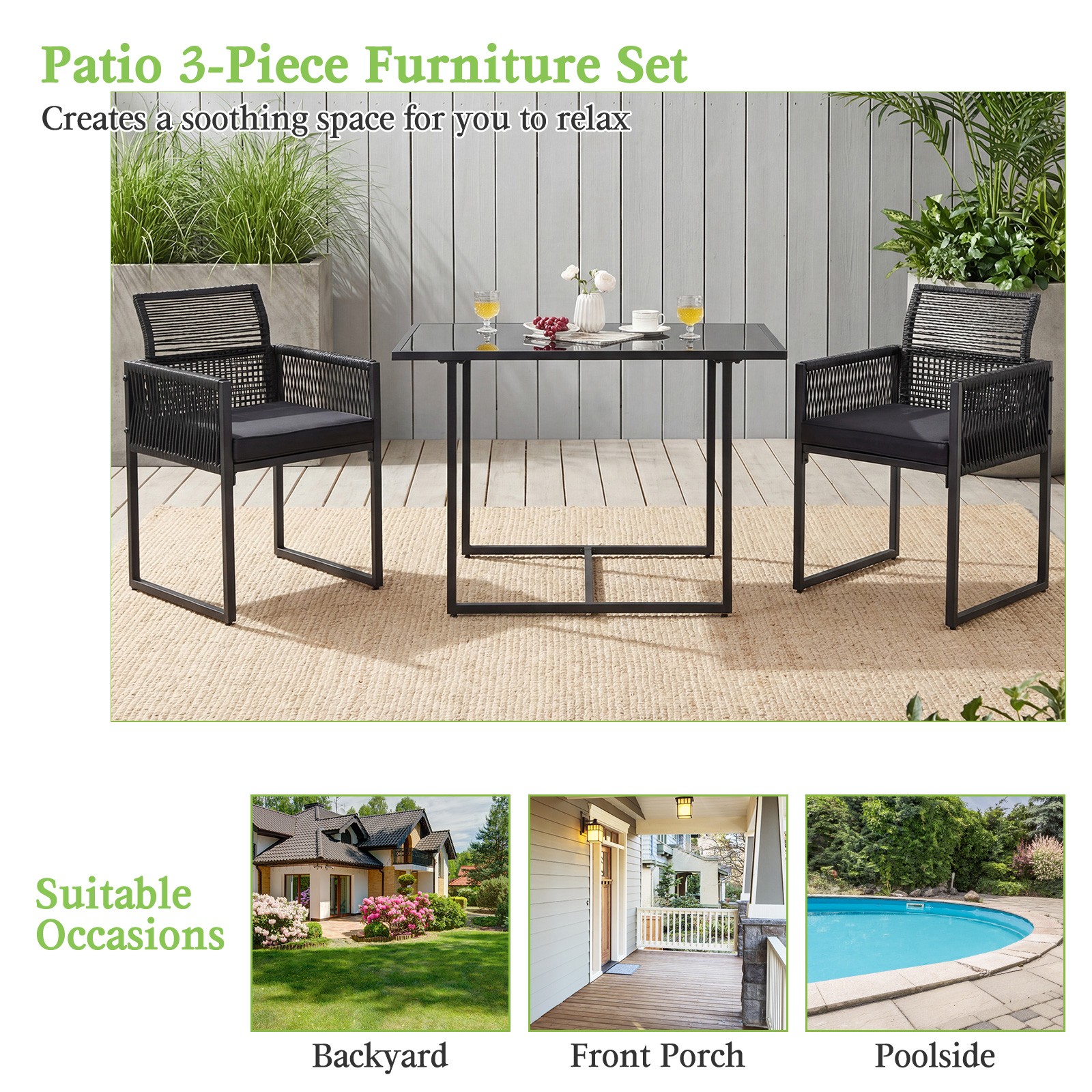 3PCS Patio PE Wicker Furniture Set Cushioned Chairs W/Folding Backrest Backyard