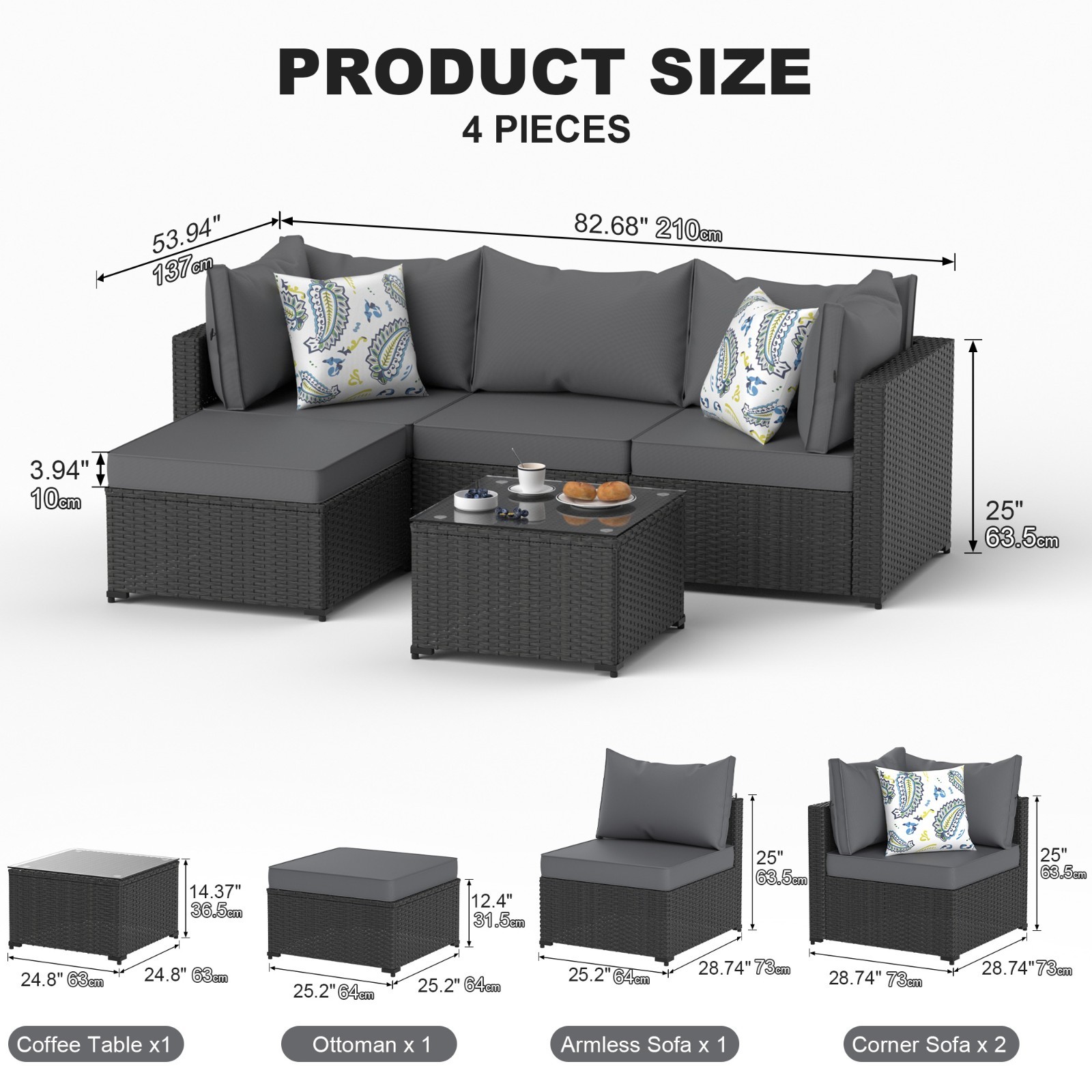 Grey Patio Furniture Set Outdoor Sectional Sofa with Table Rattan Wicker Couch