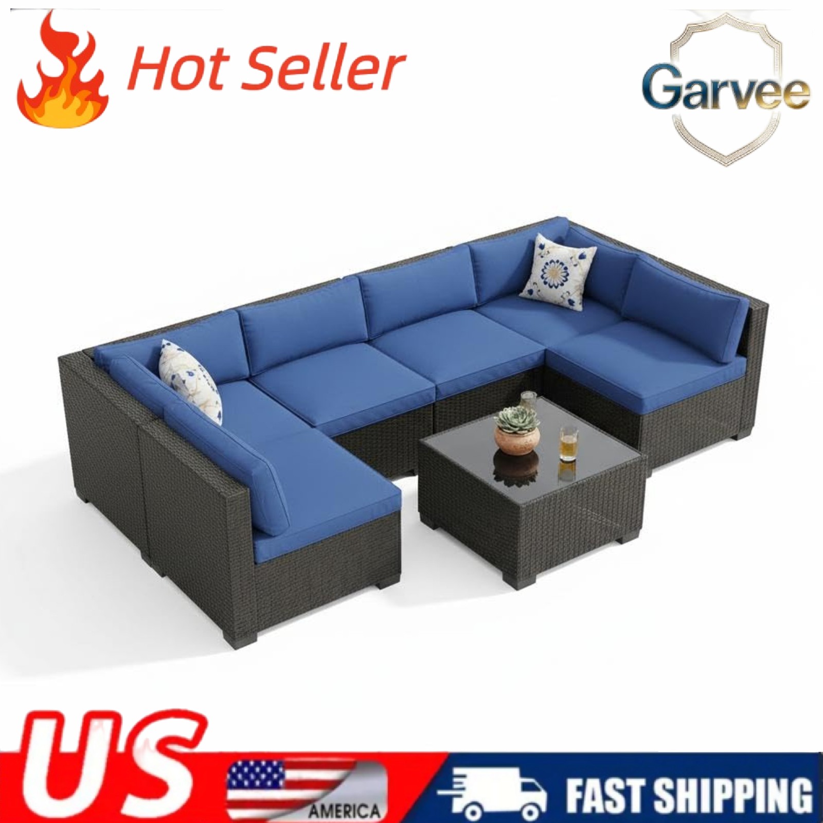 Steel Frame Rattan Wicker Sofa 7-Piece Outdoor Patio Set with Cushions