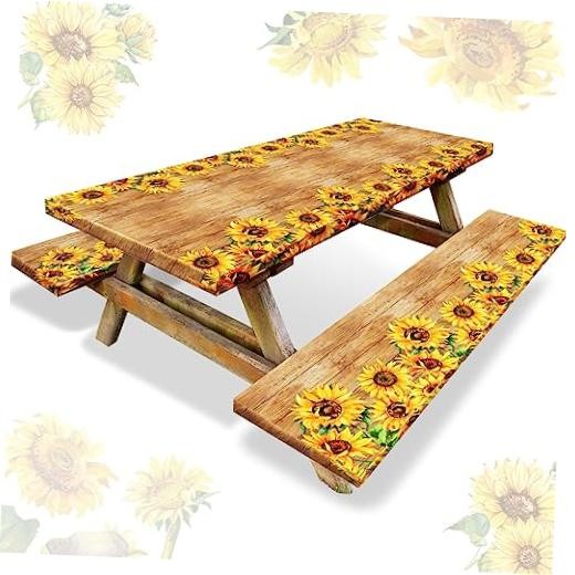 3 Pcs Vinyl Picnic Table Cover with Bench Cover 6 ft 30 x 72 Retro Sunflower