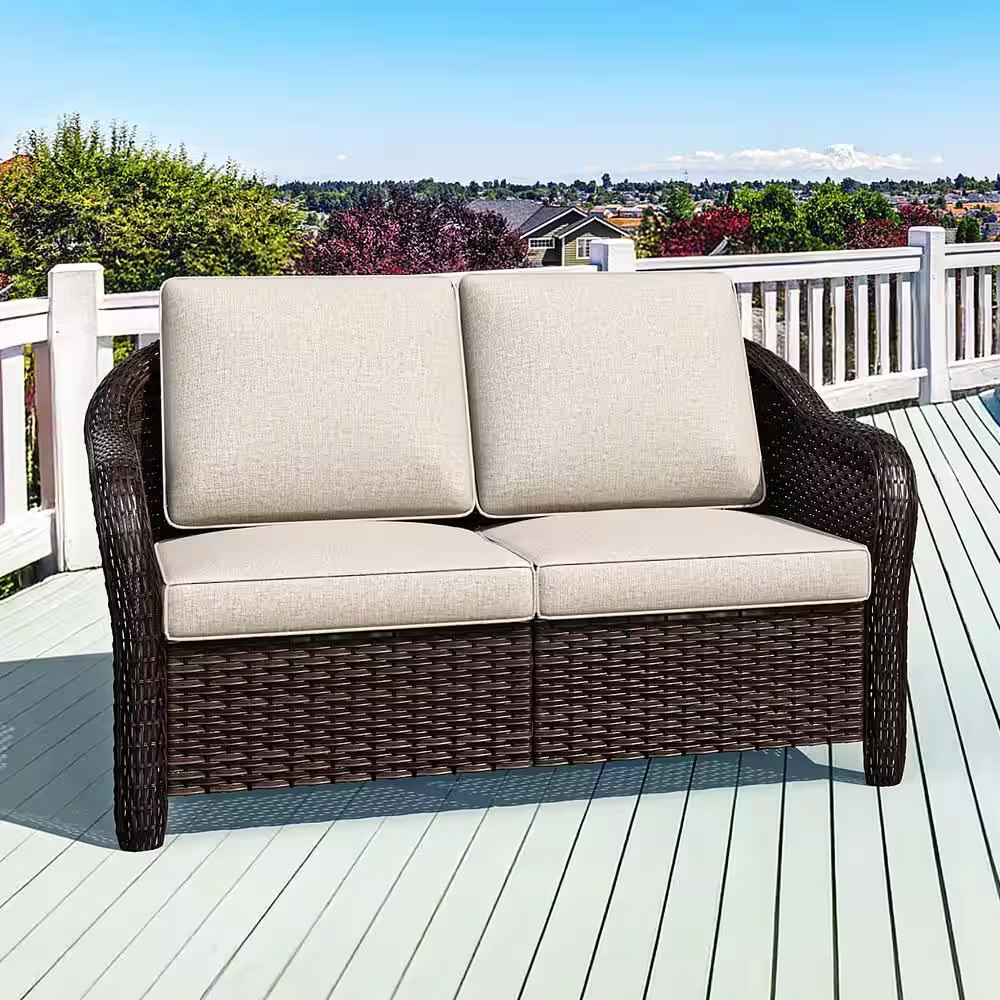 Brown Wicker Outdoor Loveseat Patio Sofa Deep Seating with Beige Cushion