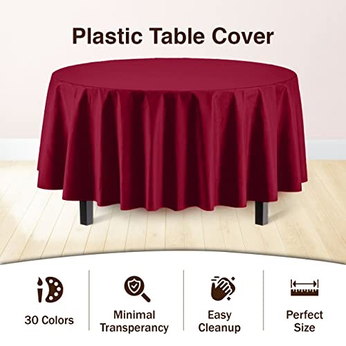 Exquisite 12-Pack Premium Plastic Tablecloth 84in. Round Table Cover – Burgundy