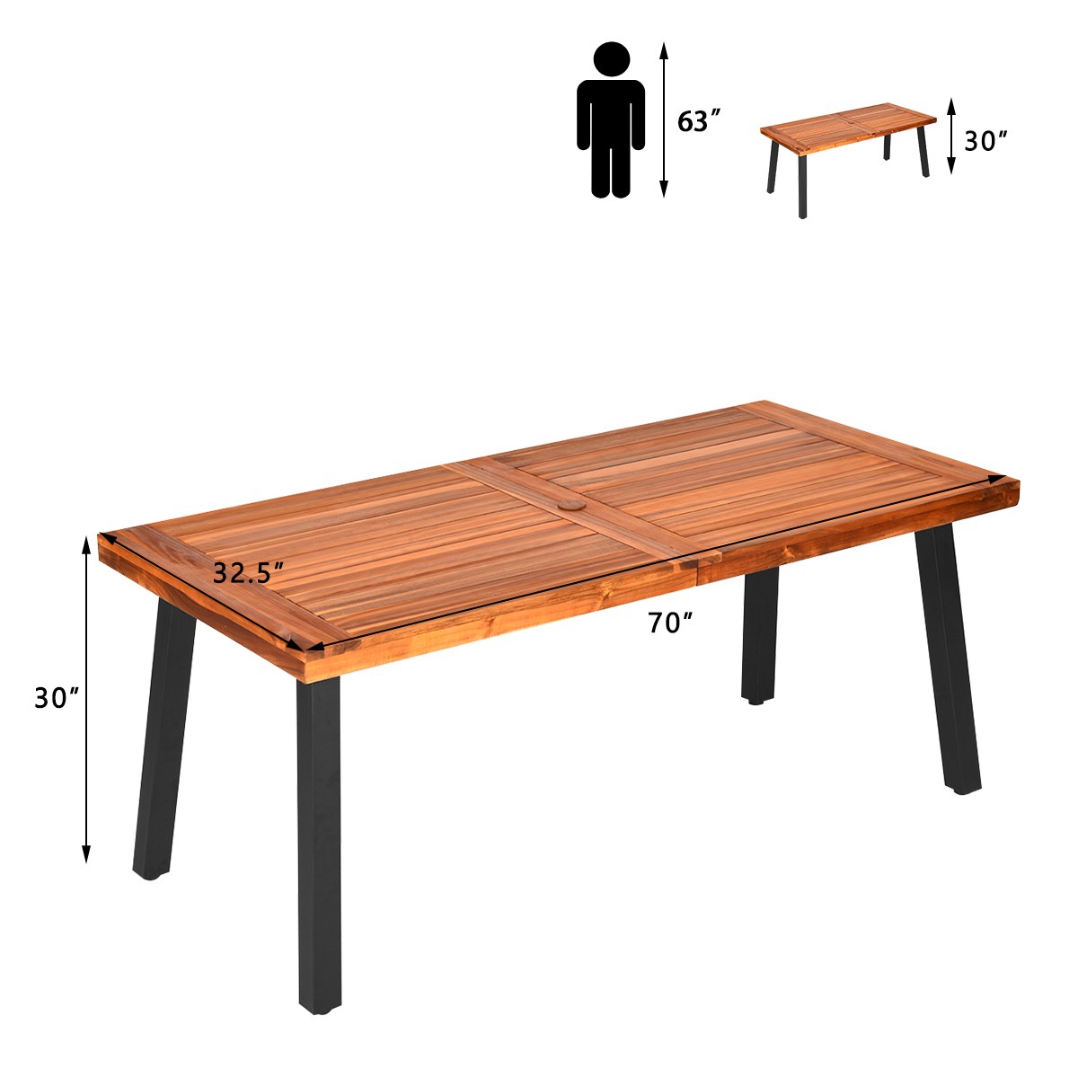 Patiojoy Acacia Wood Rectangle Dining Table Patio Use w/Umbrella Hole Brown