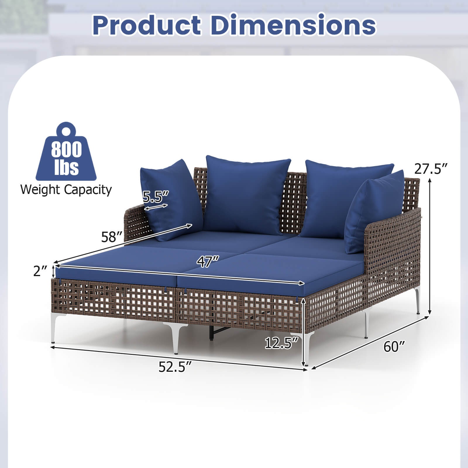 Outdoor Patio Daybed PE Rattan Sunbed with Sponged-Filled Pillows and Cushions