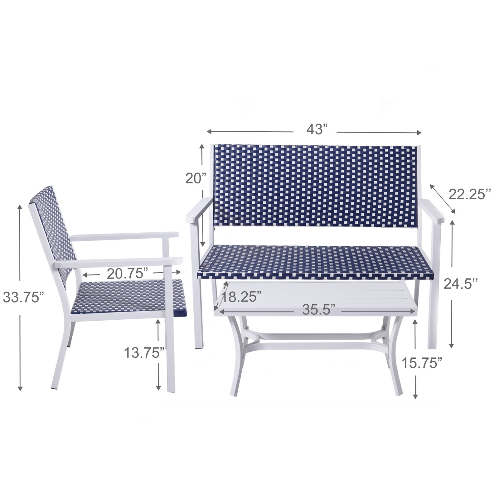 Teamson Home Outdoor 4-Piece Coastal PE Rattan Table, Loveseat and Chairs Patio