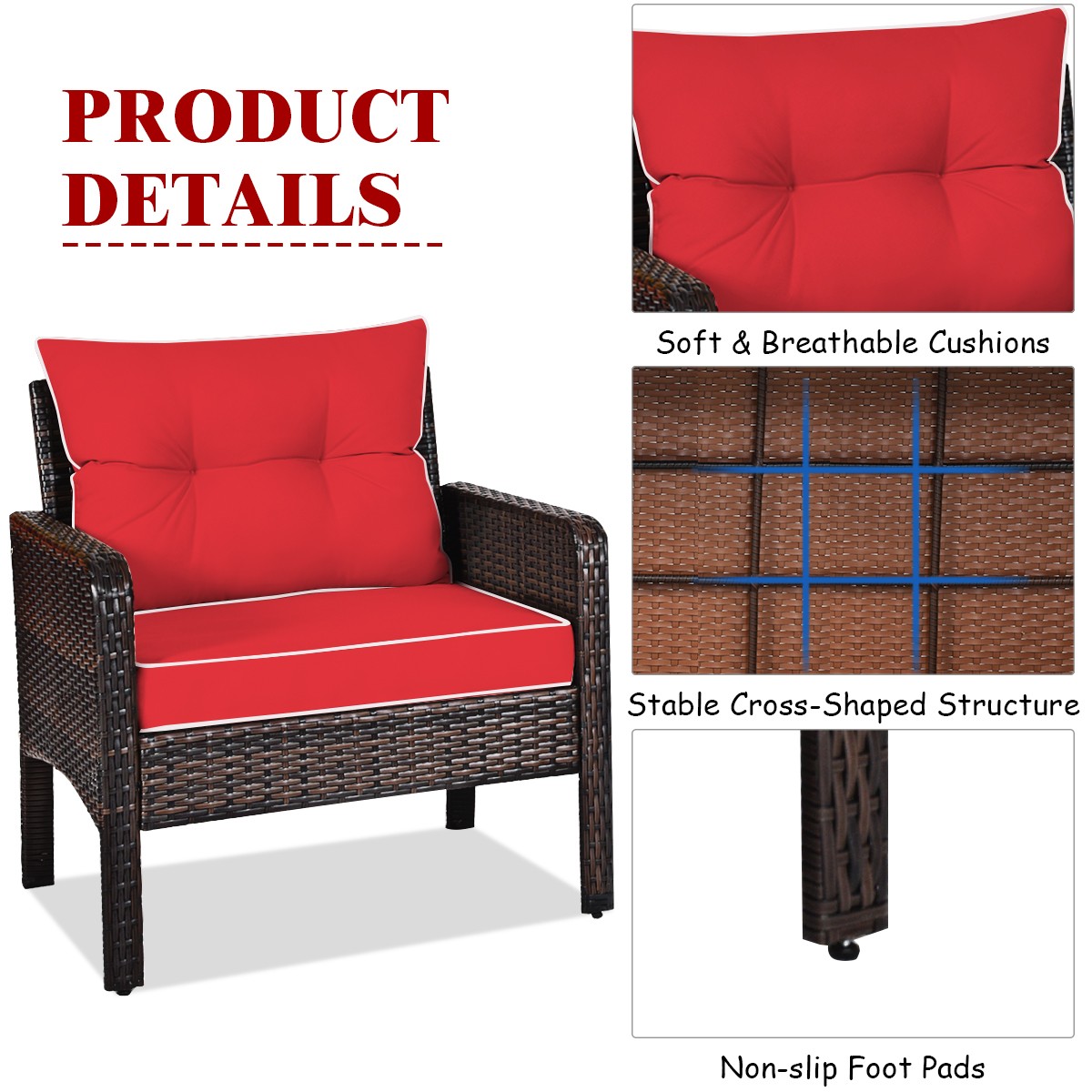 3PCS Outdoor Rattan Conversation Sofa Set Patio Furniture Cushioned Chair Red