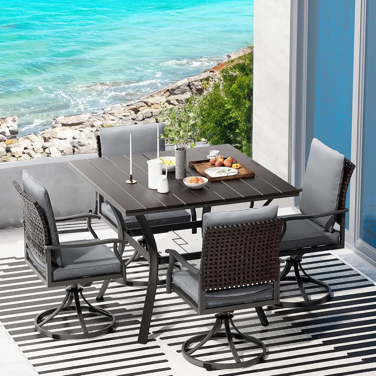 LEVELEVE 5 Piece Outdoor Patio Dining Set with 4 Swivel Dining Chairs & 1 Large