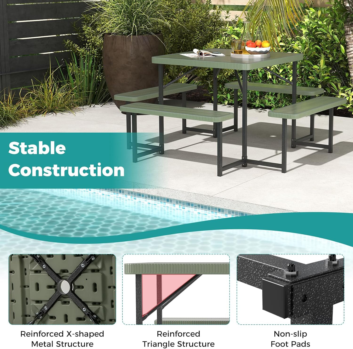 Giantex Picnic Table Bench Set for 4-8 People, 34″ Outdoor Square Dining Table &