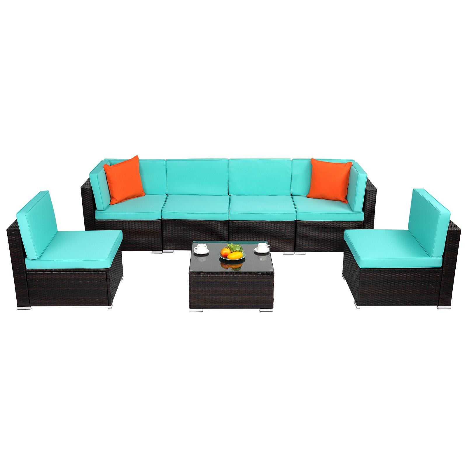 7 PCS Patio Wicker Sectional Furniture Rattan Sofa Set with Lake Blue Cushions