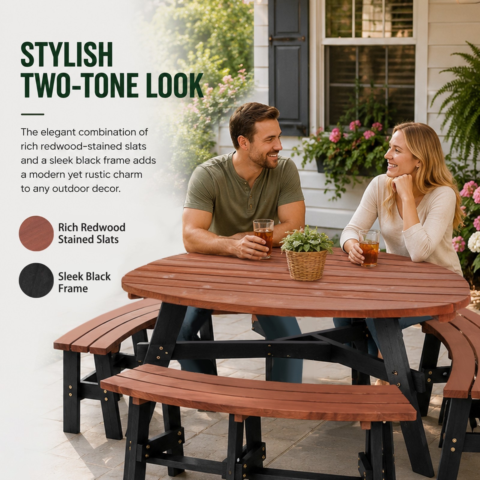 43.2″ Brown Triangle Wood Picnic Table Set Seats 3-6 People with Umbrella Hole