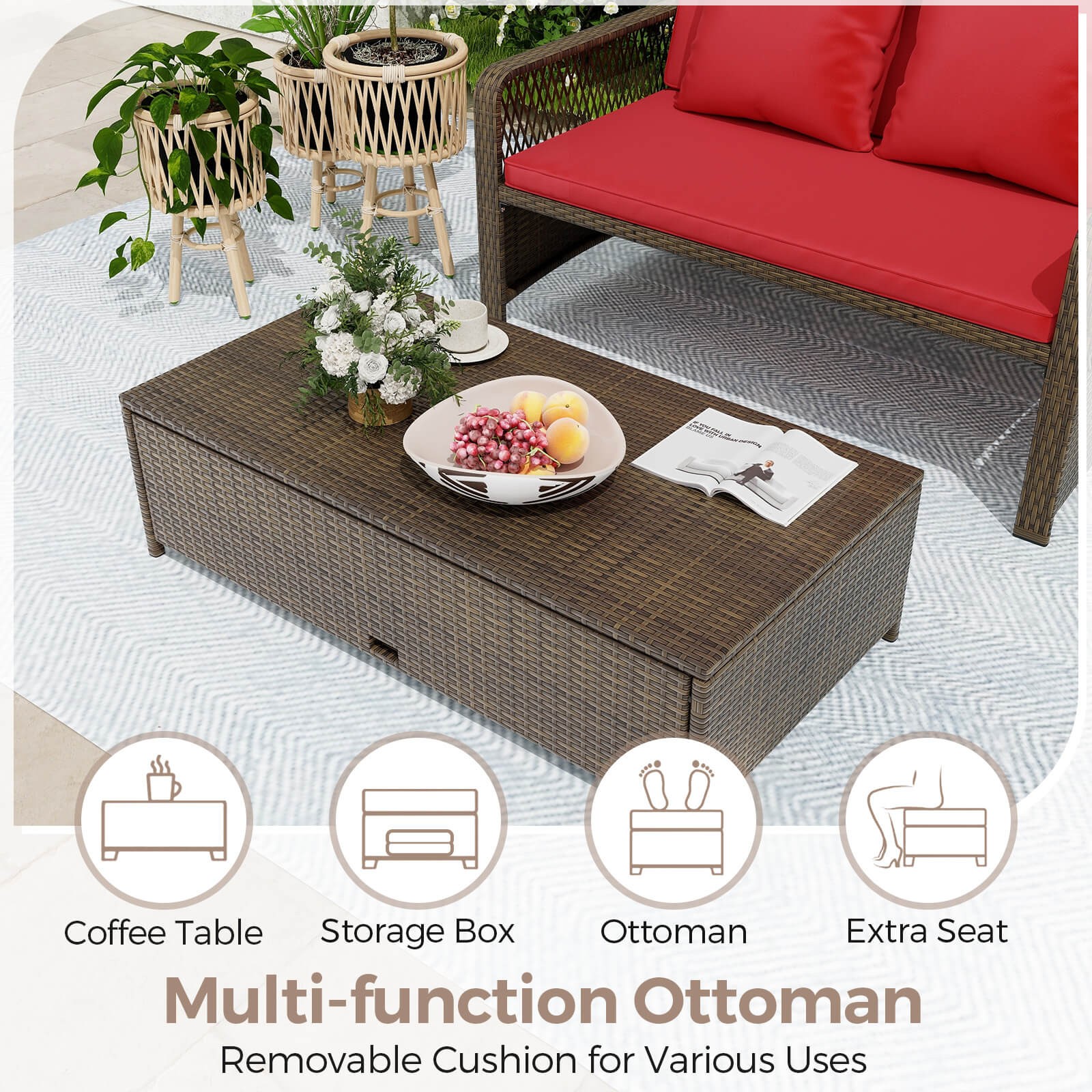 Patio Rattan Daybed Wicker Loveseat Sofa with Multifunctional Ottoman