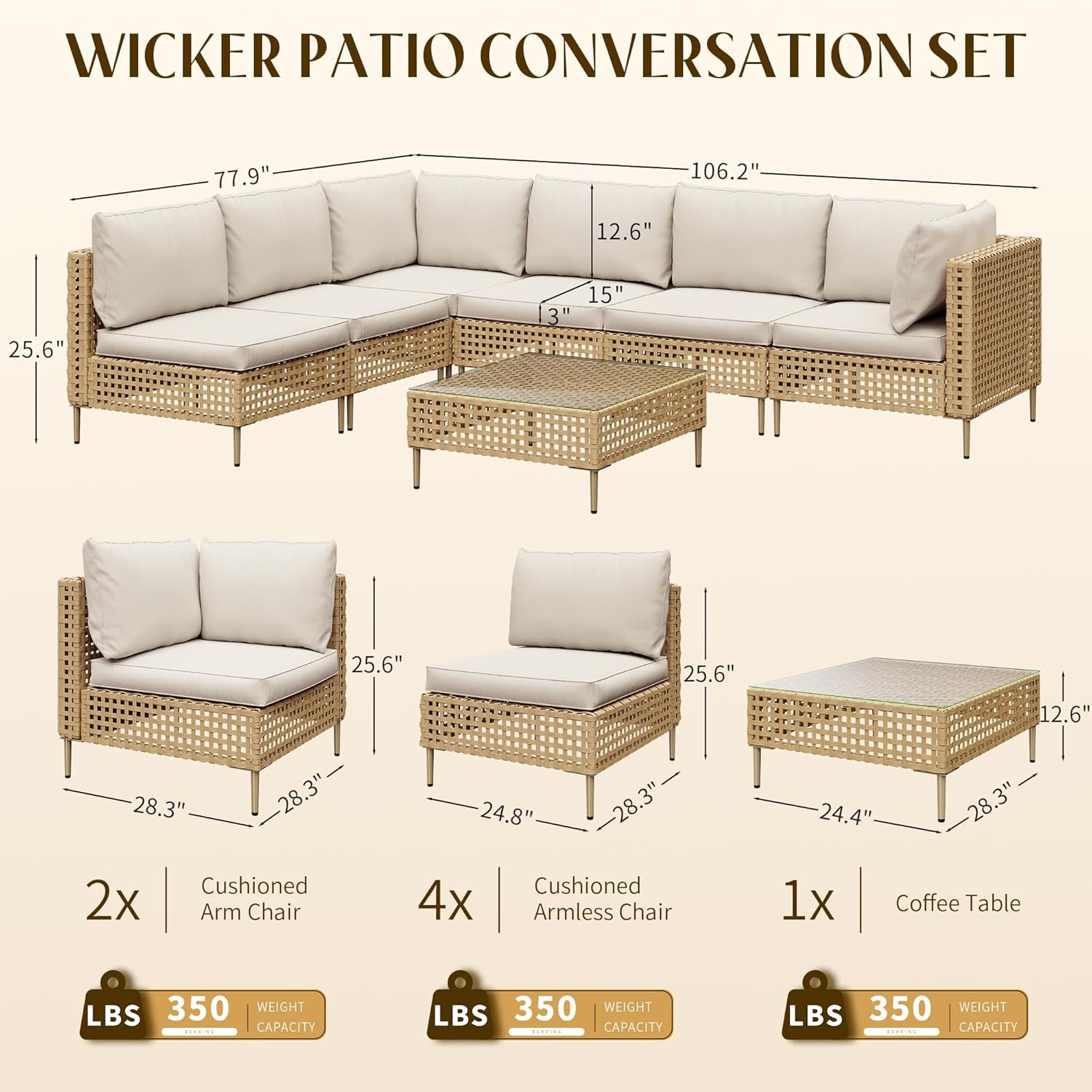 Patio Furniture Set, Large 7 Piece Wicker Outdoor Sectional Furniture Set with C