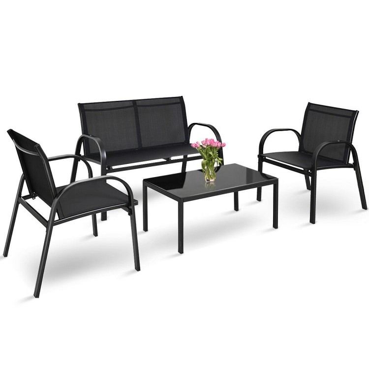 4-Piece Modern Patio Set: Steel Base, Fabric Seats, Tempered Glass Table