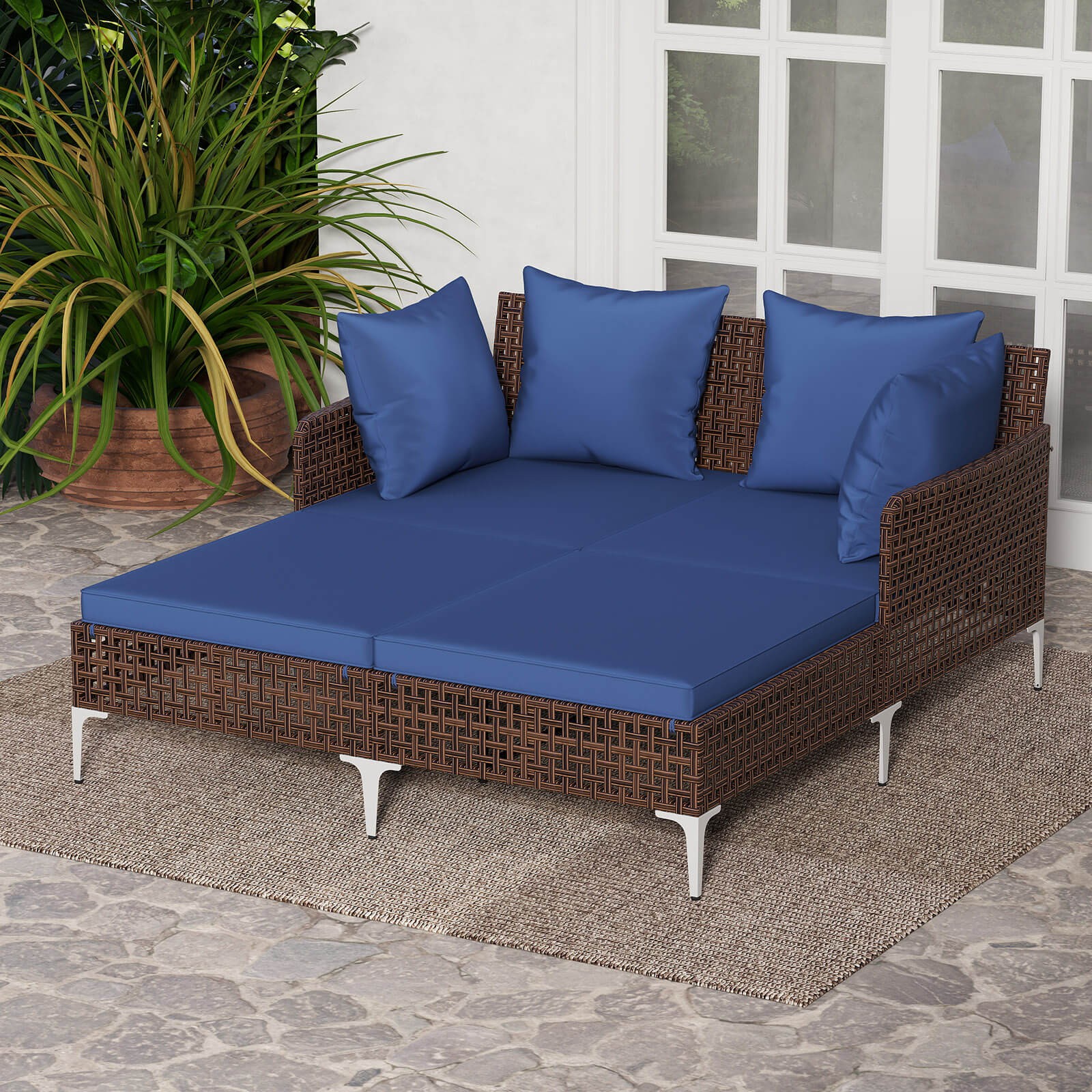 Outdoor Patio Daybed PE Rattan Sunbed with Sponged-Filled Pillows and Cushions