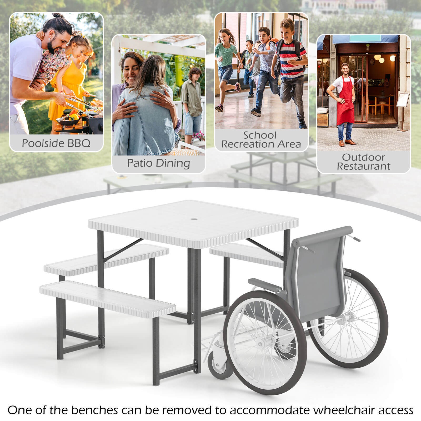 Picnic Table Bench Set for 4-8 People w/ Umbrella Hole All-Weather HDPE Tabletop