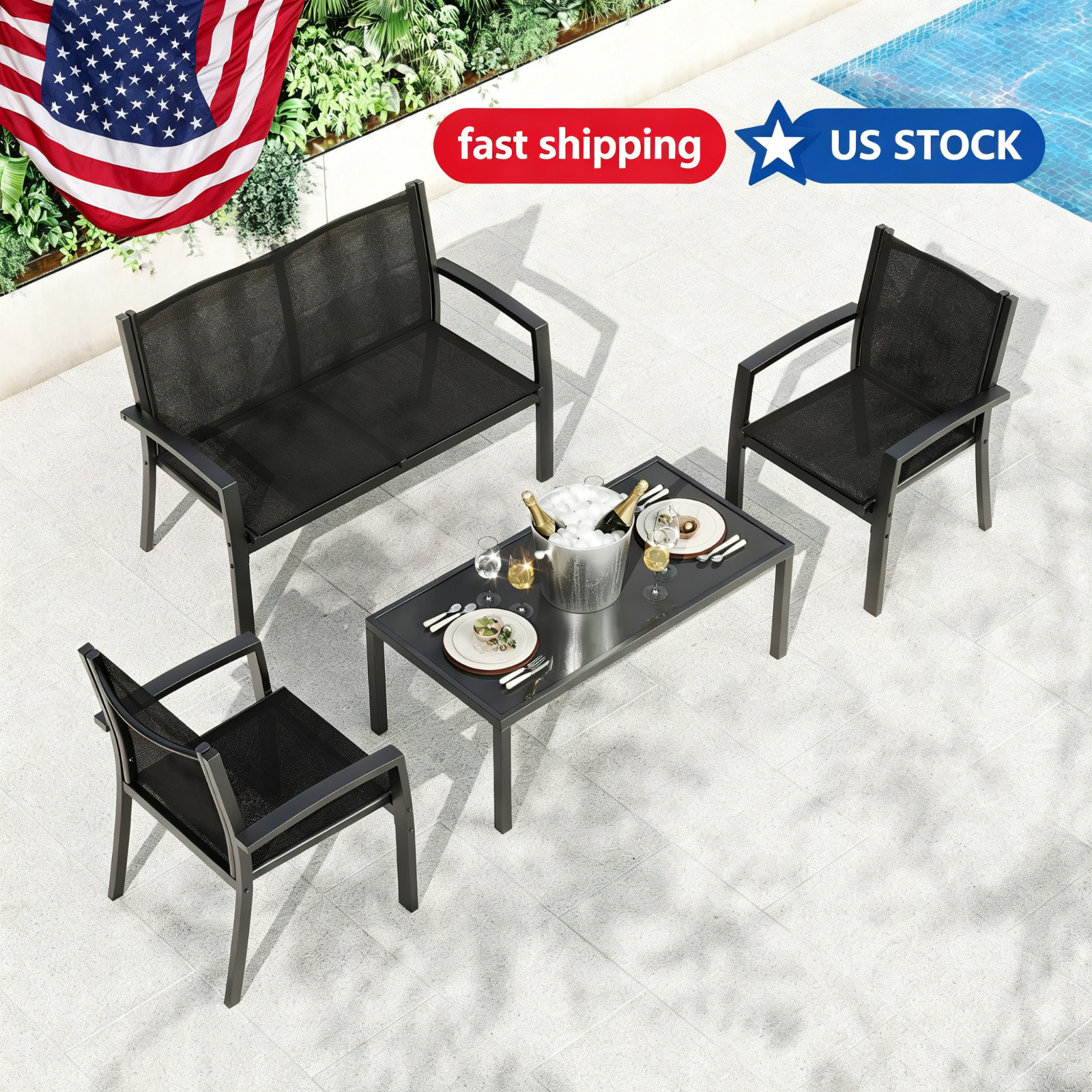 4-piece Outdoor Bistro Set Tempered Glass Coffee Table 2 Chairs Loveseat Black