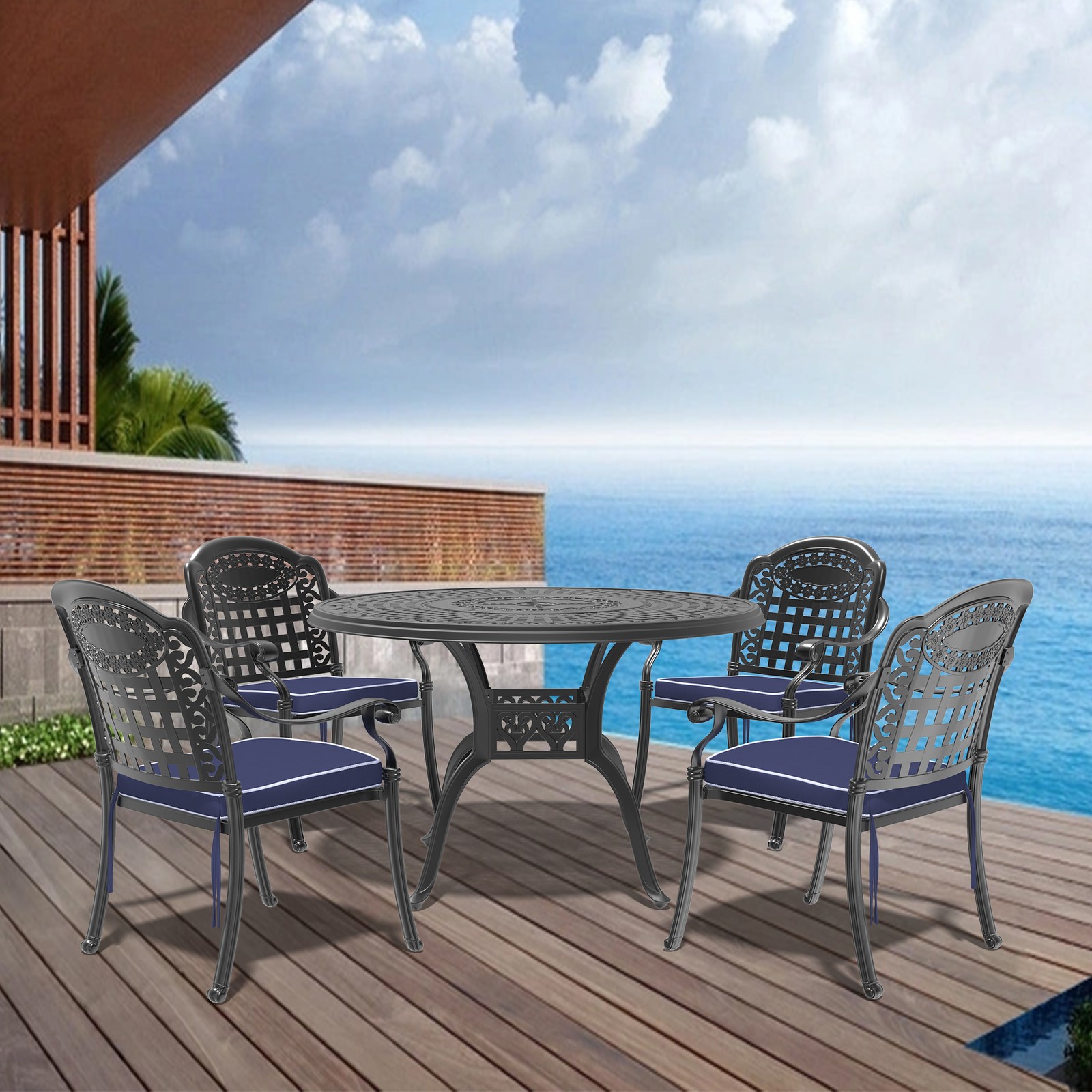 5 Pieces Cast Aluminum Outdoor Patio Dining Sets 47.24″ Round Table and 4 Chairs