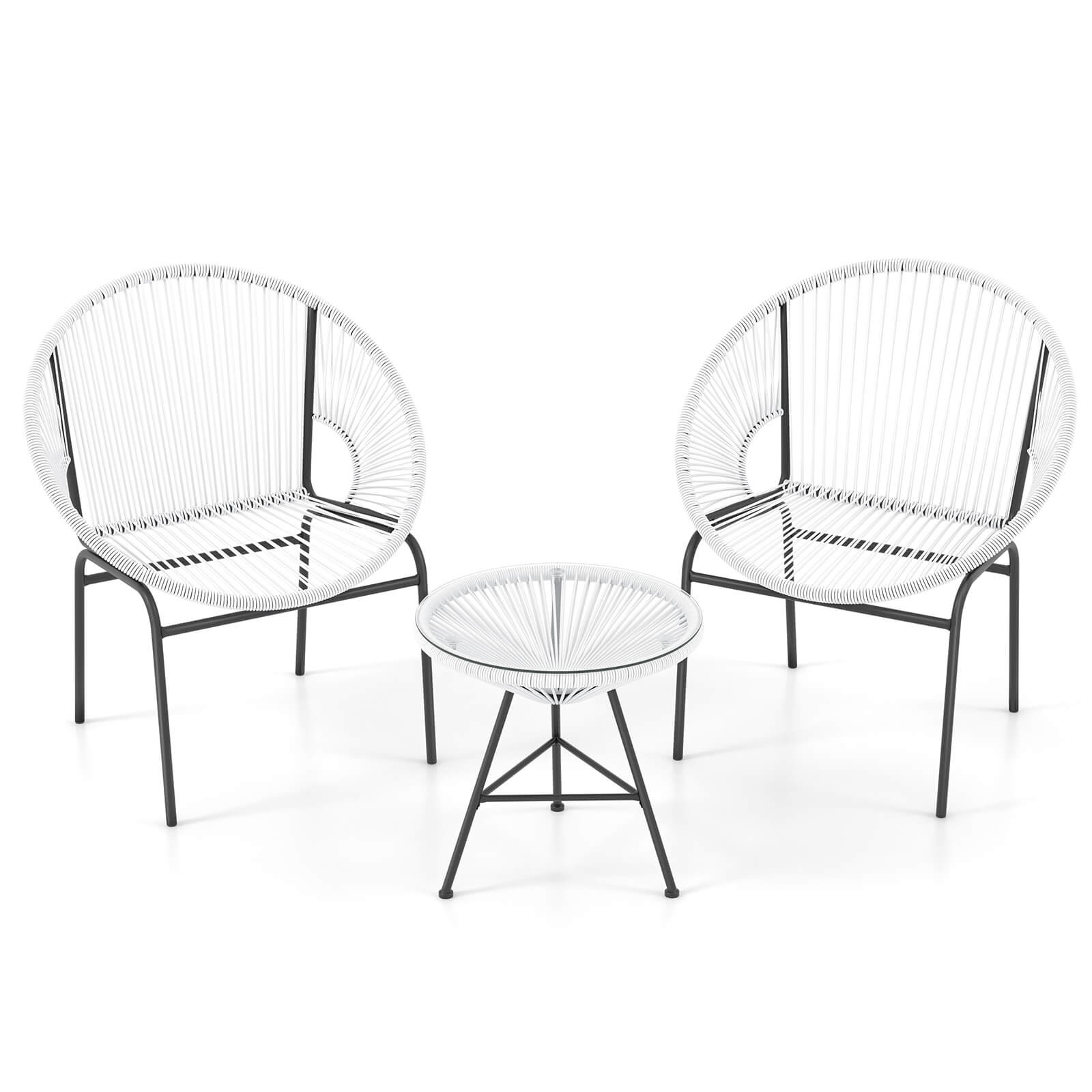 Patiojoy 3PCS Patio Acapulco Furniture Bistro Set Plastic Rope Glass Table Grey