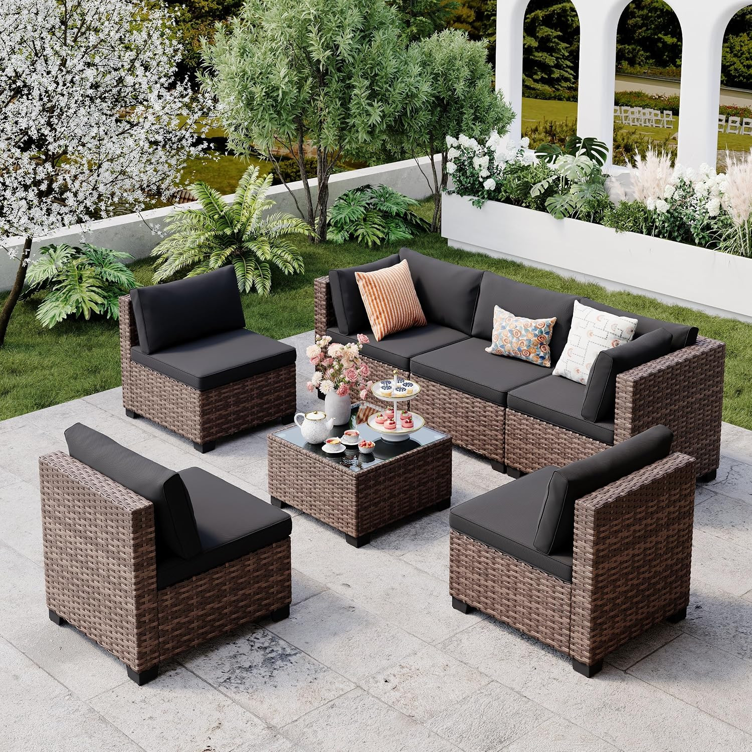 7 Pieces Outdoor Patio Furniture Set, All-Weather PE Rattan Outdoor Patio Sectio