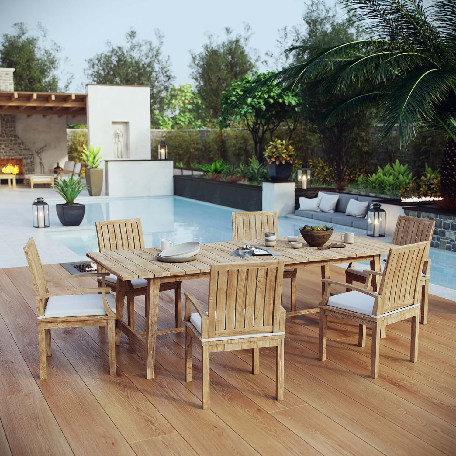 Marina 7-Piece Teak Outdoor Dining Set – Natural White Finish
