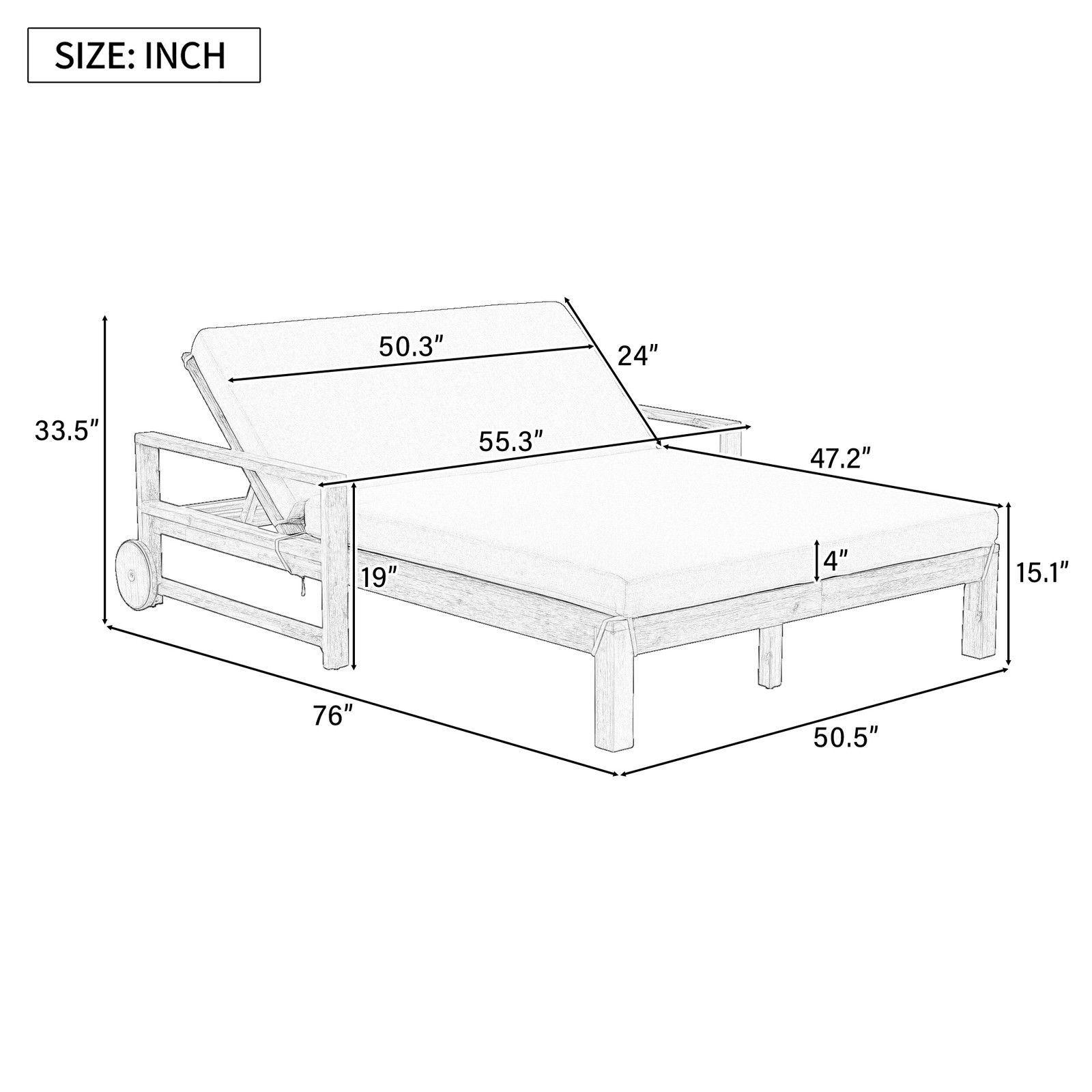 Farmhouse-Style Wooden Outdoor Sunbed Daybed Seats 2 People, Beige