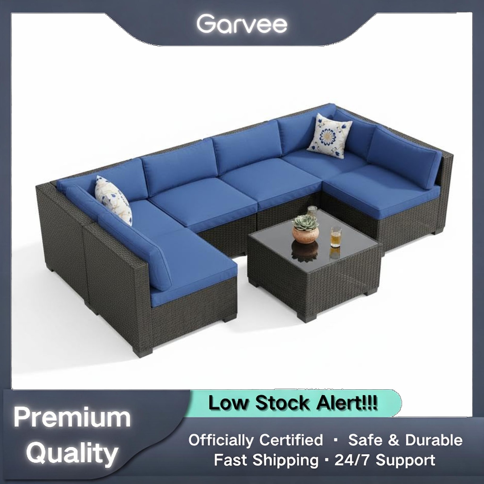 7-Piece Outdoor Rattan Wicker Sectional Sofa with Cushions & Steel Frame for Pat