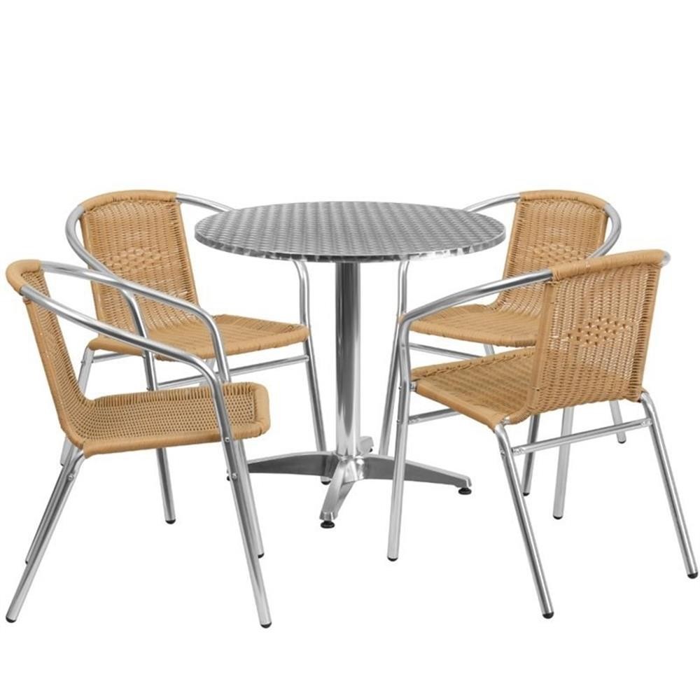 Bowery Hill Contemporary 31.5″W Aluminum Table Set-4 Chairs In Beige