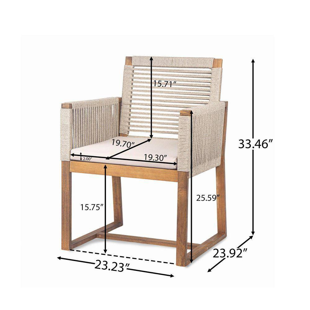 Light Brown Acacia Wood Outdoor Dining Chairs with Rope Design Back and Arms and