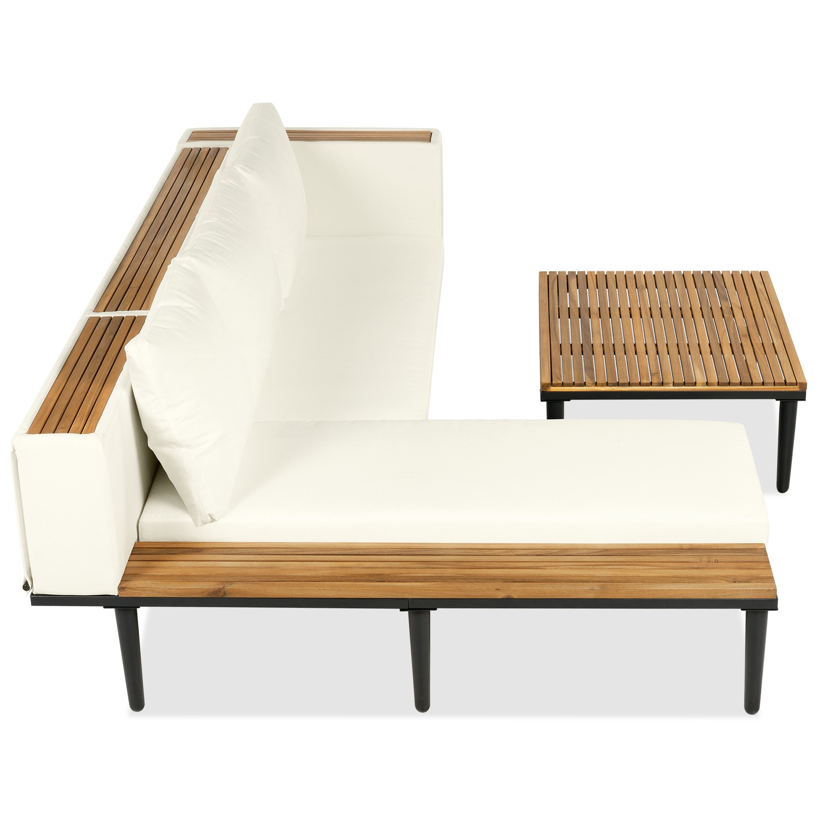 Acacia Wood L-Shaped Outdoor Sectional Sofa Set with Cushions Beige