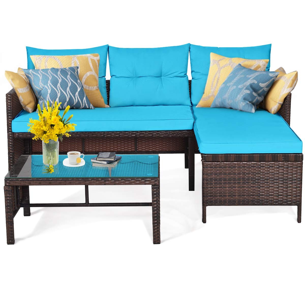 RELAX4LIFE 3-Piece Patio Furniture Set, Outdoor Wicker Sectional Sofa Set w/W…