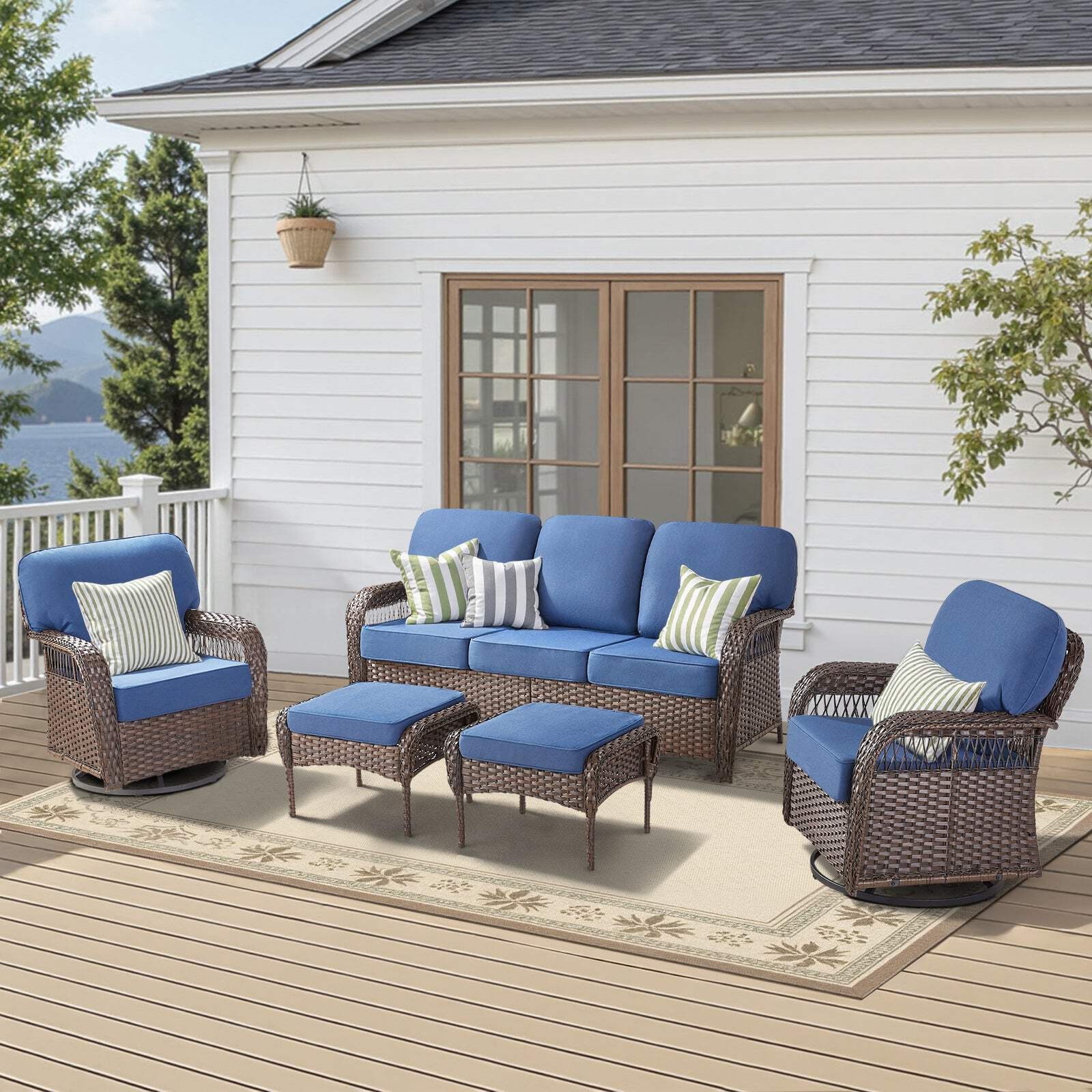 Outdoor Patio Set PE Rattan Blue 5 Piece T-Back Swivel High Back Chairs