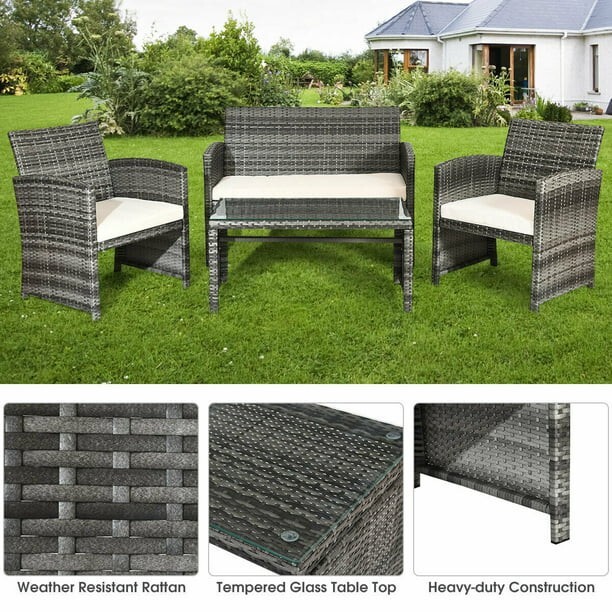 4PCS Rattan Patio Furniture Set | Garden Sofa Cushioned Seat | Mixed Gray Wicker