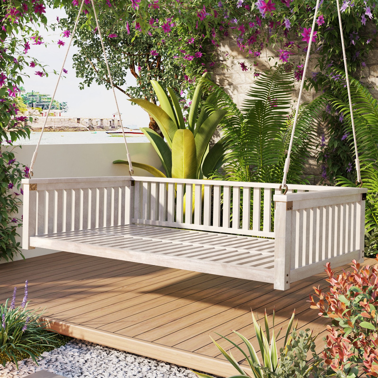 Twin Size Garden Swing Bed Porch Swing with Ropes Acacia Wood Minimalist White