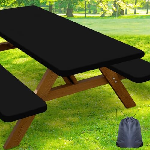Picnic Table Cover with Bench Covers, Waterproof Elastic 30″ x 72″ Black