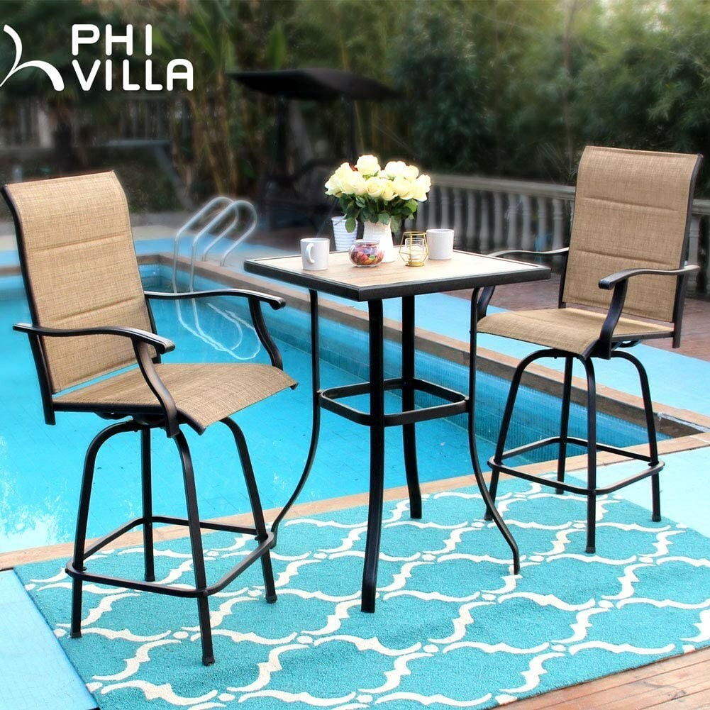 PHI VILLA 3 PCS Swivel Bar Stools Patio Dining Table Bar Sets High Back Outdoor