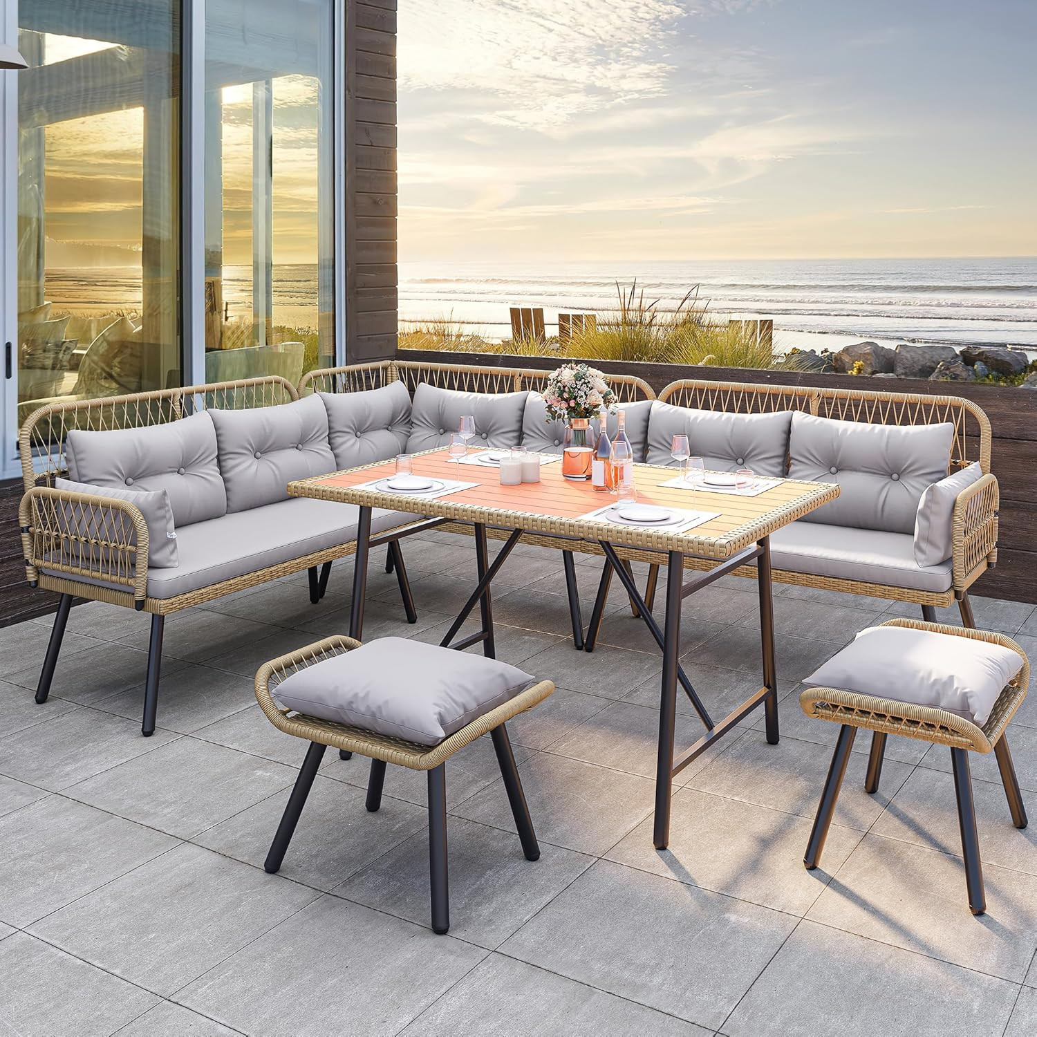 Patio Wicker L-Shaped Furniture Set, All-Weather Rattan Outdoor Conversation Sof