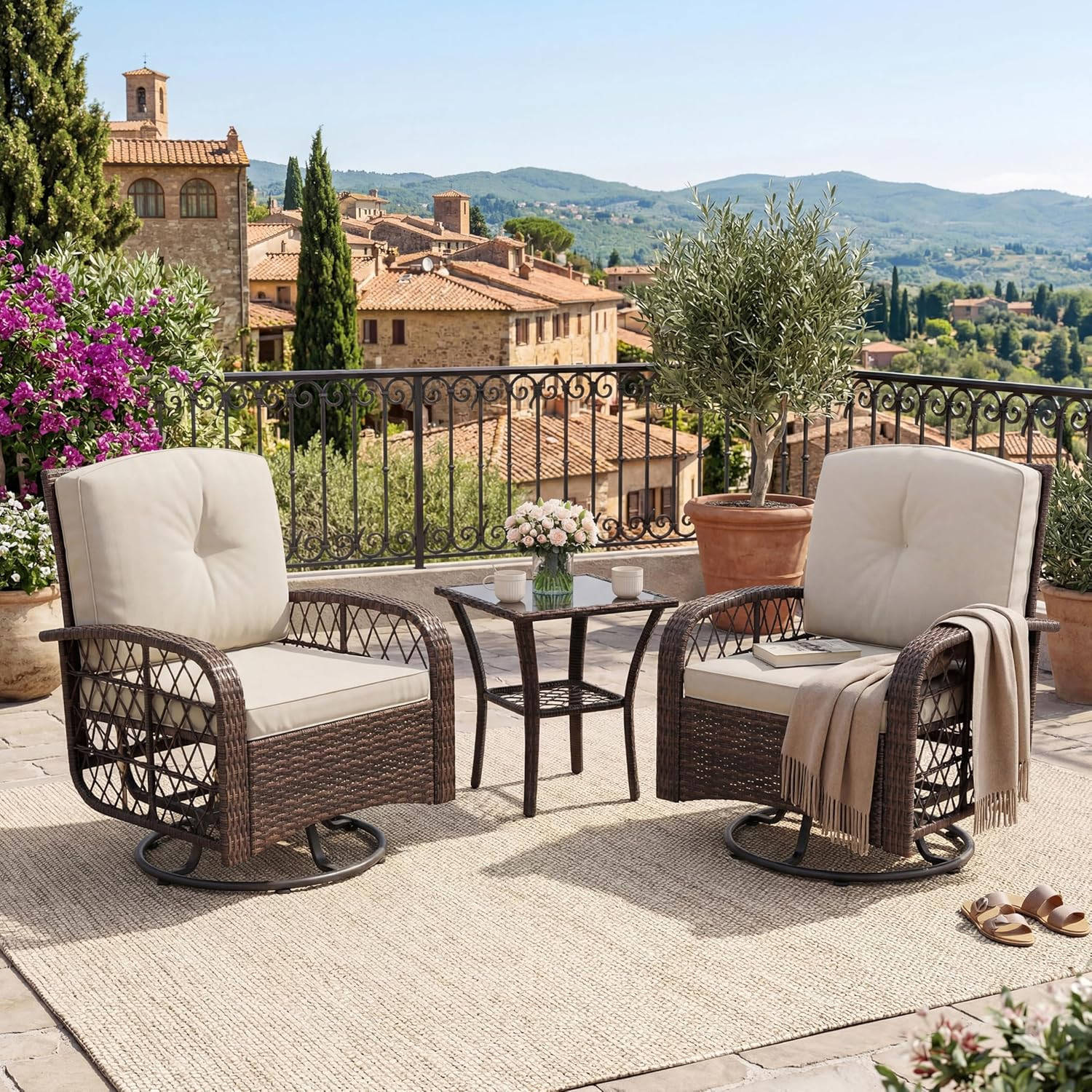 3-Piece Outdoor Patio Furniture Set, Wicker Swivel Rocking Chairs with Thick Cus