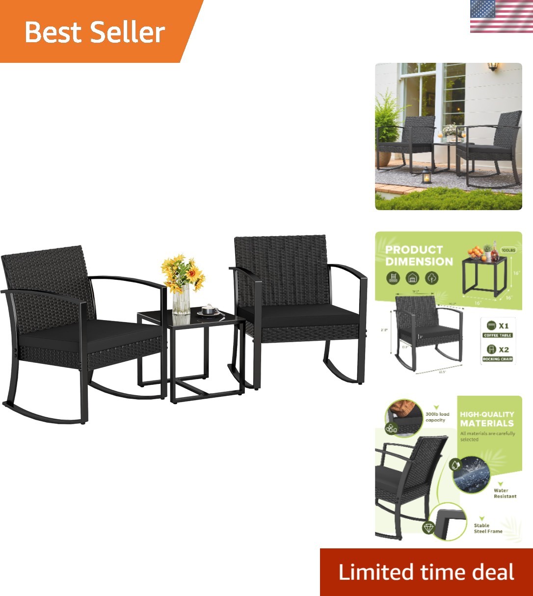 Comfortable Black Resin Outdoor Bistro Set – Rocking Chairs with Coffee Table