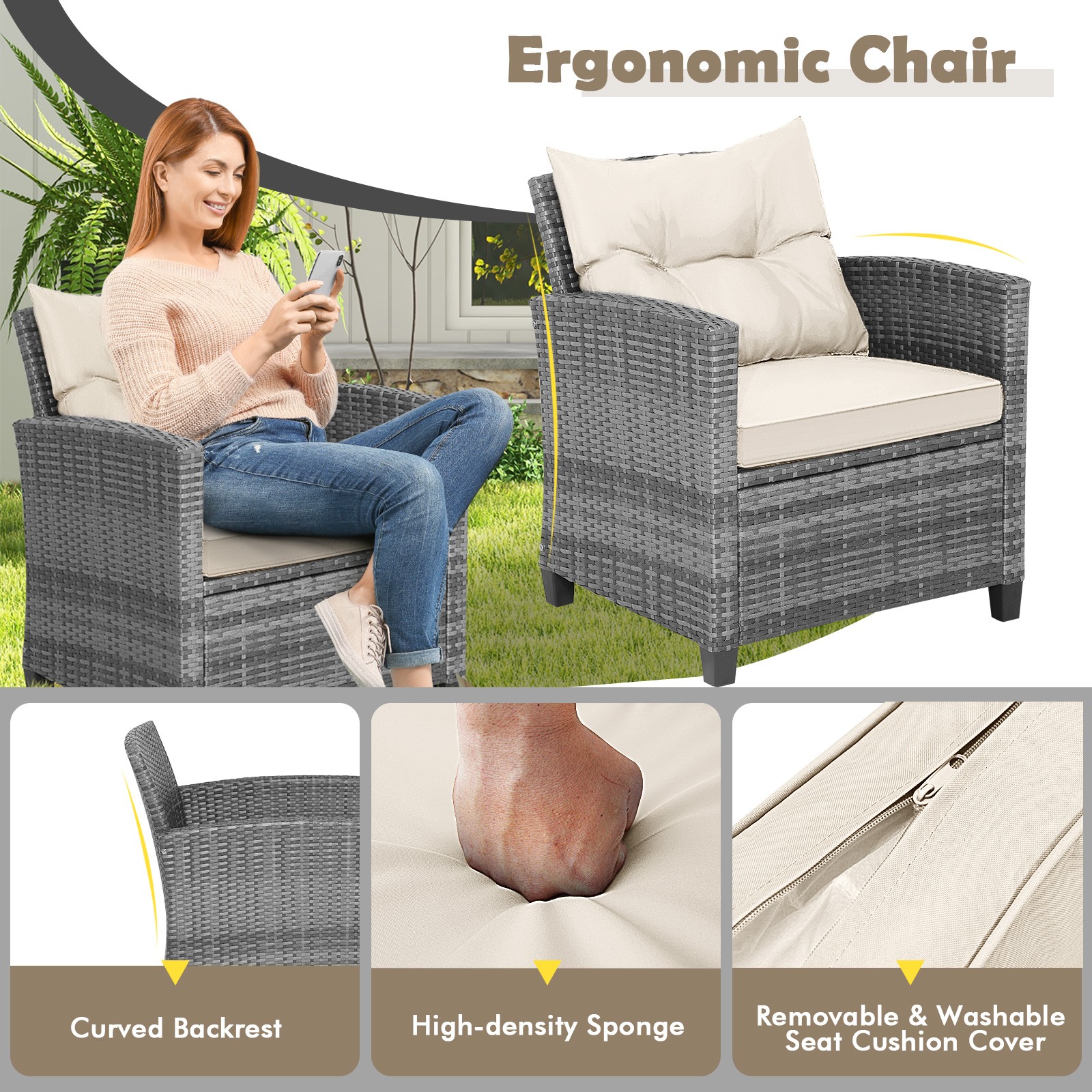 3PCS Patio Rattan Furniture Bistro Set Cushioned Sofas Side Table Armrest