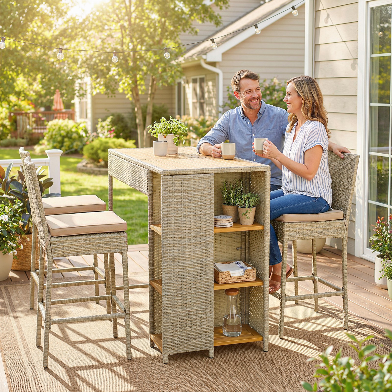 Outsunny Outdoor Bar Set, 3 Tier Bar Height Patio Table and Chairs, Brown