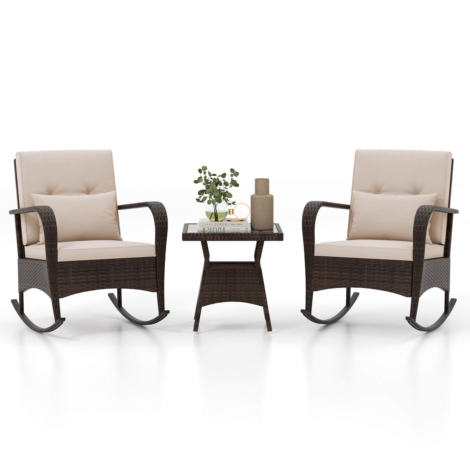 3 PCS Rocking Bistro Set w/Removable Cushions & Tempered Glass Top Coffee Table