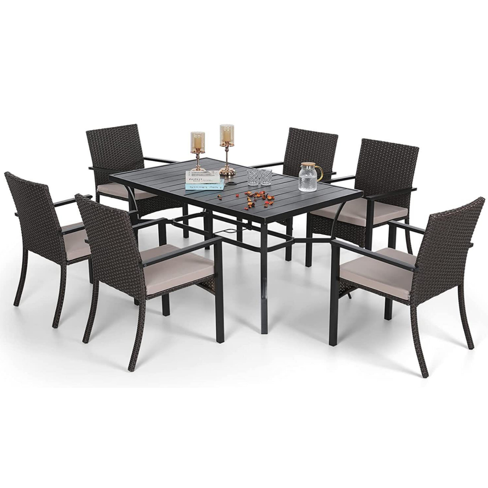 7Pcs Outdoor Patio Dining Set Rectangular Table Rattan Wicker Chairs w/Cushion