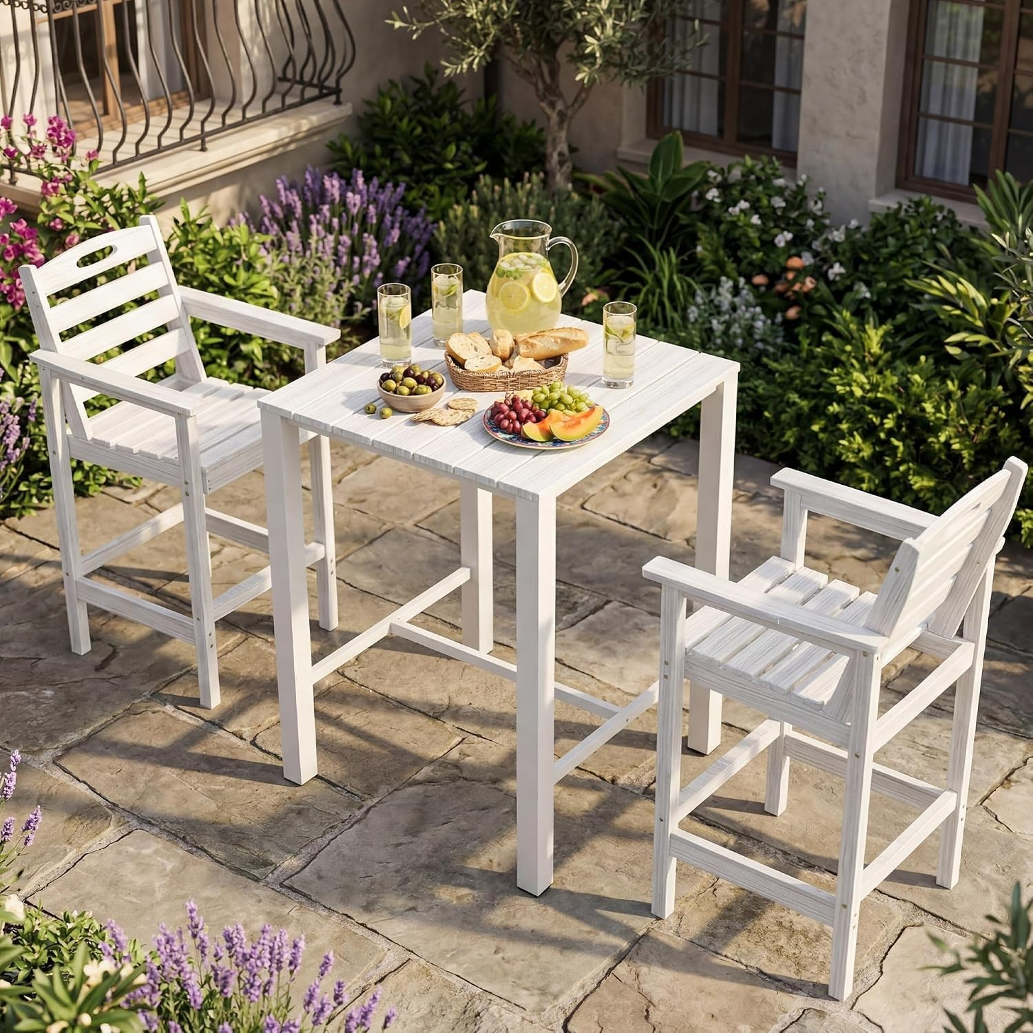 Domi 3Pcs HDPE Adirondack Patio Bar Set(1Table+2Chair)for Balcony,Backyard,White